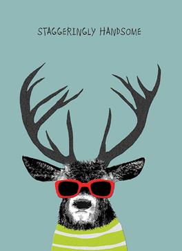 handsome, deer, stag, birthday card, Printed in the USA on recycled textured paper. Comes with color co-ordinated envelope. Packaged in cello jacket. 
 Size:   4 1/2" x 6 1/4" 