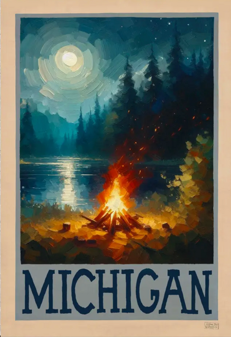 michigan campfire and moon 12x18 poster print