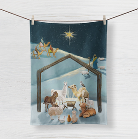 nativity scene tea towel