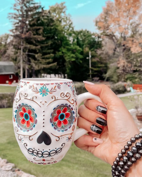 folk art skull mug