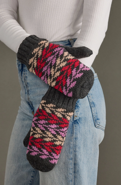 gray and pink patterned mittens