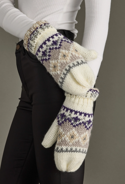 purple and taupe patterned mittens