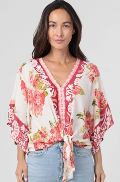 pink floral v-neck kimono tie blouse