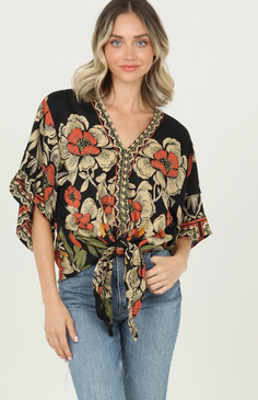 black floral v-neck kimono tie blouse