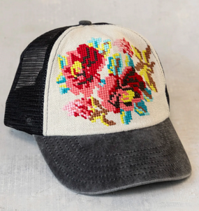flower needlepoint trucker hat
