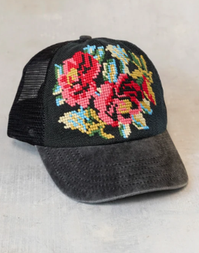 dark flower needlepoint trucker hat