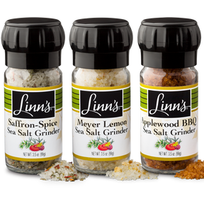 Linn's Flavored Sea Salt Grinders: Saffron Spice, Meyer Lemon, Applewood BBQ