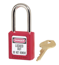 Master Lock #410RED Safety Zenex Plastic Padlock. Pictured with #S140 Padlock Label (sold separately)