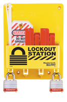 #S1720E Compact Electrical Lockout Station. Shown with #3RED Steel Padlocks. Other padlock options available