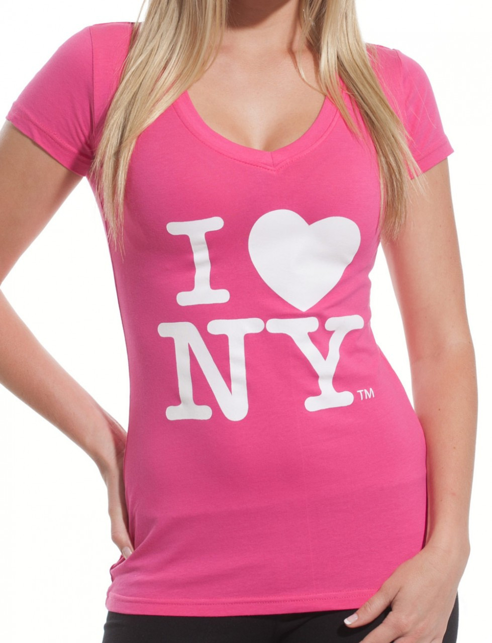 I Love NY Ladies V-Neck T-Shirt - Pink
