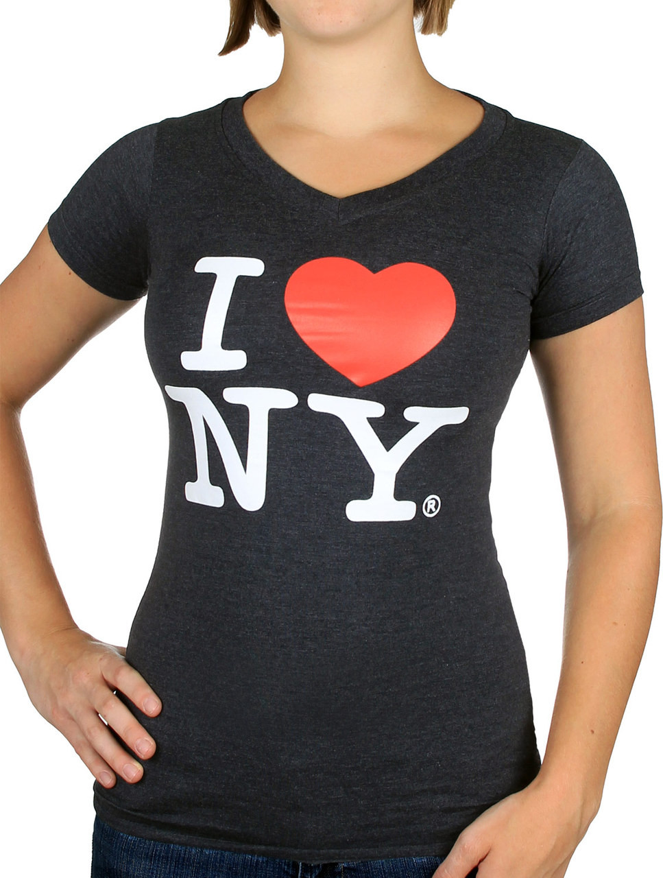 I Love NY Ladies V-Neck T-Shirt - Charcoal