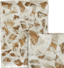 #21203 Architectural Fibers, "Linen Bark Montage"  22" x 31" - 
Combining both the "Natural Linen Bark" and the "Bleached Linen Bark", this piece is a montage of the two colors of this unusual organic fiber.  Fibers  are applied to a heavy base of handmade paper pulp.  Great for book covers, collage/montage work or as a background for other artwork.
