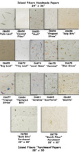 Island Fibers Handmade Papers
A large collection (Fifteen 24" x 36" handmade paper Sheets & Two  28" x 30" handmade paper Parchments) of various shades of natural pale pulps with a variety of different botanical fibers, colored straw, bits of pigmented pulps, etc. scattered & embedded in the sheets   