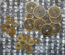 Oriental Coins - showing comparative sizes of the 3 styles:  #33390 "Abundance" Coin 1-3/4";      #33370 "Scatter" Coin, large 1";    33310 "Scatter" Coin, Small 1/2"