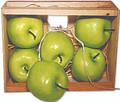 66371 Green Apples in Crate
A "farmer's market" wood crate holds six 3" lifesize green apples, nestled in a bed of natural raffia.  Made of lightweight foam, these are so realistic and are ideal for using in creative artwork or decor projects.