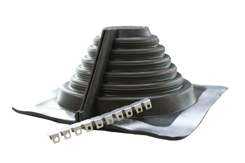 [Master Flash®]~[Standard Fits: 7/8”- 4” (22mm - 101mm) Pipes,Retrofit Fits: 1/2”- 3-1/2” (12mm - 89mm) Pipes, Base Range: 6” (152mm)]~[Two Flashings in One|Can be used as both a Standard flashing or a Retrofit flashing|9 sizes|Weather Protection Made of Black EPDM, Gray EPDM or high temp red silicone, these flashings are compounded specifically for maximum resistance to weathering due to ozone and ultraviolet light.|Cut lines clearly marked to allow for easy installation for multiple pipe sizes. |A flexible aluminum base allows the flashing to conform to any panel configuration and most roof pitches regardless of pipe location.|The No hassle stainless steel gripper included.]