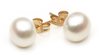 Classic 8mm white freshwater pearl stud earrings, timeless elegance for your wedding or special occasion.