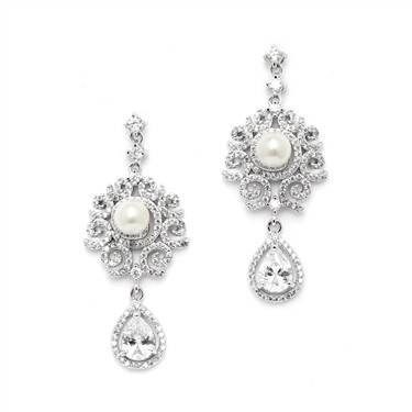 Janine vintage inspired statement pearl and cz drop earrings by Girls Love Pearls