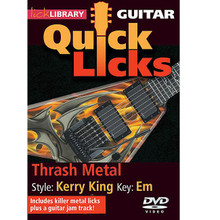 Thrash Metal - Quick Licks. (Style: Kerry King; Key: Em). By Kerry King. For Guitar (Guitar). Lick Library. DVD. Lick Library #RDR0400. Published by Lick Library.

Learn killer metal licks in the style of Kerry King, lead guitarist with Slayer, one of heavy metal Big Four! Also includes a guitar jam track. Guitar lessons by Andy James. Each Quick Licks DVD includes an arsenal of guitar licks in the style of your chosen artist to add to your repertoire, plus backing tracks to practice your new licks and techniques. Andy James is a well respected guitarist and teacher whose influences include Greg Howe * Paul Gilbert * Tony Macalpine * and Zakk Wylde. He is known for his blistering technique.