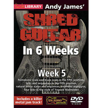 Andy James' Shred Guitar in 6 Weeks. (Week 5). By Andy James. For Guitar (Guitar). Lick Library. DVD. Lick Library #RDR0338. Published by Lick Library.

Welcome to the Shred Guitar in 6 Weeks guitar course. This course is designed to focus your practice towards realistic goals achievable in six weeks. Each week provides you with techniques, concepts and licks to help you play and understand metal soloing at a manageable pace. Licks in the style of a featured artist are taught each week to help you towards playing in real musical situations and develop an ear for the differences between players. If you have been frustrated or intimidated by other educational material this course is for you. You will see the improvement as you work through each week. Week five includes: Pentatonic scale and blues scale in the fifth position * licks and sequences in the fifth position * natural minor scales and sequences * extended arpeggios * and four licks in the style of Yngwie Malmsteen. Andy James is a well respected guitarist and teacher whose influences include: Greg Howe * Paul Gilbert * Tony Macalpine * and Zakk Wylde. He is known for his blistering technique.