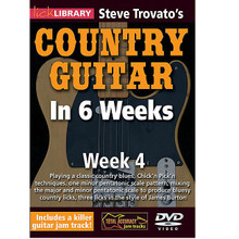 Steve Trovato's Country Guitar in 6 Weeks. (Week 4). By Steve Trovato. For Guitar (Guitar). Lick Library. DVD. Lick Library #RDR0343. Published by Lick Library.

This course is designed to focus your practice towards realistic goals achievable in six weeks. Each week provides you with techniques, concepts and licks to help you play and understand country soloing at a manageable pace. If you have been frustrated or intimidated by other educational material this course is for you. Lessons by Steve Trovato. Week four includes: Playing a classic country blues * Chick 'n Pick techniques * one minor pentatonic scale pattern * mixing the major and minor pentatonic scale to produce bluesy country licks * and three licks in the style of James Burton. Steve Trovato is best known as a world class country guitarist, but is equally proficient in a wide range of popular guitar styles. He has written a number of bestselling guitar instruction books, and maintains a full time position in the Guitar Department at the University of Southern California.