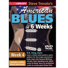 Steve Trovato's American Blues in 6 Weeks. (Week 4). By Steve Trovato. For Guitar (Guitar). Lick Library. DVD. Lick Library #RDR0360. Published by Lick Library.

Welcome to the American Blues Guitar in 6 Weeks course. These lessons are designed to focus your practice towards realistic goals achievable in six weeks. Each week provides you with techniques, concepts and licks to help you play and understand blues soloing at a manageable easy to follow pace. Week four includes: Learn a blues scale pattern and a pattern for the major pentatonic scale * learn the famous BB King vibrato * learn bending and which notes to bend * learn to combine scales to create great blues licks. The DVD is presented by Steve Trovato who is best known as a world class country guitarist, but is equally proficient in a wide range of popular guitar styles. He has written a number of bestselling guitar instruction books, and maintains a full time position in the Guitar Department at the University of Southern California.