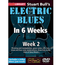 Stuart Bull's Electric Blues in 6 Weeks. (Week 2). By Stuart Bull. For Guitar (Guitar). Lick Library. DVD. Lick Library #RDR0302. Published by Lick Library.

This course is designed to focus your practice towards realistic goals achievable in six weeks. Each week provides you with techniques, concepts and licks to help you play and understand blues soloing at a manageable easy to follow pace. Three licks in the style of a featured artist are taught each week to help you towards playing in real musical situations and develop an ear for the differences between players. With the Electric Blues in 6 Weeks guitar course the material is presented to you in easy to absorb sections which progress in a sensible logical order. Stick with this course and I guarantee you will improve. Week two includes: Phrasing and manipulation, grace notes, 1,2,3 & 4 note combinations, three licks in the style of Gary Moore.