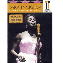 Sarah Vaughan - Live in '58 and '64 by Sarah Vaughan. Live/DVD. DVD. Jazz Icons #2119004. Published by Jazz Icons.

Jazz Icons: Sarah Vaughan features the “Divine One” in her prime, wrapping her sultry voice around jazz standards such as “Lover Man,” “Misty” and “I Got Rhythm” and soaring on popular showtunes such as “Over the Rainbow” and “Maria.” One of the greatest voices of the 20th Century, her renditions of songs by Harold Arlen, Leonard Bernstein, Johnny Burke, the Gershwins and Stephen Sondheim are pure diva magic. These three performances demonstrate why Sarah Vaughan is invariably mentioned in the same breath as Ella Fitzgerald and Billie Holiday. Includes: 24-page booklet; liner notes by Patricia Willard; foreword by Sarah's daughter Paris Vaughan Courtnall; cover photo by William “PoPsie” Randolph; booklet photos by Duncan Schiedt, Lee Tanner, Paul Hoeffler, Riccardo Schwamenthal, Ray Avery, Susanne Schapowalow; memorabilia collage; and more. 64 minutes.