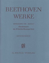 Cadenzas in the Piano Concertos (Beethoven Complete Edition, Abteilung VII, Vol. 7 Paperbound). Composed by Ludwig van Beethoven (1770-1827). Edited by Joseph Schmidt-Gorg. This edition: Paperbound. Henle Complete Edition. Critical Report. 30 pages. G. Henle #HN4293. Published by G. Henle.