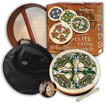 Celtic Cross Bodhran (18 inch Bodhran). For Bodhran Drum. Waltons Irish Music Instrument. Hal Leonard #WMP1930. Published by Hal Leonard.
Bodhrán gift packs include everything the beginning player needs to get started! First and foremost, a standard bodhran, handcrafted from the finest wood with a head made from real goatskin is included, along with a hardwood beater and carrying case. In addition, the Absolute Beginners: Bodhrán instructional DVD by Conor Long (HL.634001) is provided, plus bodhrán care cream (HL.634007) to keep your bodhrán in peak condition!