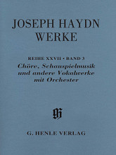 Choruses, Incidental Music and Other Vocal Works with Orchestra (Haydn Complete Edition with critical report, Series XXVII, Vol. 3). By Franz Joseph Haydn (1732-1809). Edited by James Dack. Henle Complete Edition. Softcover. 302 pages. G. Henle #HN5801. Published by G. Henle.

Includes: “Su cantiamo” Hob. Deest * Der Sturm/The Storm Hob. XXIVa:8 * Invocation of Neptune Hob. XXIVa:9 * Music for the tragedy “Alfred, König der Angelsachsen, oder der patriotische König” Hob. XXX:5 * Incidental Music (Proverbe dramatique “Le Prince Wourtsberg”) Hob. XXX:4 * Volck's Lied Hob. XXVIa:43. Includes: Su cantiamo Hob. Deest * Der Sturm/The Storm Hob. XXIVa:8 * Invocation of Neptune Hob. XXIVa:9 * Music for the tragedy Alfred, König der Angelsachsen, oder der patriotische König Hob. XXX:5 * Incidental Music (Proverbe dramatique Le Prince Wourtsberg) Hob. XXX:4 * Volcks Lied Hob. XXVIa:43.