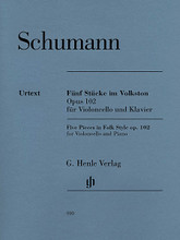 5 Pieces in Folk Style, Op. 102 (With Marked and Unmarked String Parts Version for Violoncello and Piano). By Robert Schumann. Edited by Ernst Herttrich. For Cello, Piano Accompaniment. Henle Music Folios. Softcover. 48 pages. G. Henle #HN910. Published by G. Henle.

Originally composed for violoncello and piano, Schumann's opus 102 was also published in an edition for violin. In this new Urtext edition, practice-oriented string fingerings are included making this work excellently suited for the teaching of intermediate level students and beyond.