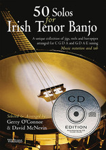 50 Solos for Irish Tenor Banjo arranged by David McNevin and Gerry O'Connor. For Banjo (BANJO). Waltons Irish Music Books. Book with CD. Guitar tablature. 48 pages. Hal Leonard #WM1371CD. Published by Hal Leonard.

The most comprehensive collection of Irish tenor banjo tunes currently available! Here are 50 jigs, reels and hornpipes arranged for two types of tuning; the standard CGDA used by Gerry O'Connor, and the traditional GDAE tuning used by David McNevin. The first 25 tunes are played by O'Connor, whose creative and individual style has earned him the reputation of being one of Ireland's finest banjo players. The remaining tunes are arranged and played by McNevin, an extremely skillful player in the traditional style, who has received major awards for his achievements on the banjo.