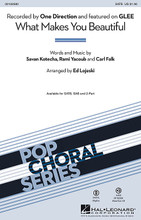 What Makes You Beautiful by Glee Cast and One Direction. By Carl Falk, Rami Yacoub, and Savan Kotecha. Arranged by Ed Lojeski. For Choral (SATB). Pop Choral Series. 12 pages. Published by Hal Leonard.

The British boy band One Direction is capturing the hearts and attention of young fans all over the world! This catchy single from their Up All Night album is fun and upbeat and ideal for young choirs and audiences in this accessible setting. Available separately: SATB, SAB, 2-Part, ShowTrax CD. Rhythm parts available as a digital download (syn, gtr, bs, dms). Duration: ca. 3:20.

Minimum order 6 copies.