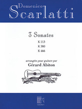 Domenico Scarlatti - Three Sonatas by Domenico Scarlatti (1685-1757). Arranged by Gérard Abiton. For Guitar. Editions Durand. Softcover. 22 pages. Editions Durand #DF01593800. Published by Editions Durand.

Contains an analysis and commentary plus the guitar transcription of the piano sonatas K. 380 * K. 466 * and K. 113. (French only).