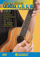 Seven Great Ukulele Lessons by Bob Brozman, Del Rey, Jim Beloff, Ledward Kaapana, and Ukalaliens. For Ukulele. Homespun Tapes. DVD. Guitar tablature. Published by Homespun.

The renewed popularity of the “mighty uke” has swept the world in recent years, and Homespun has been right there with instruction from some of the best players in the business. This compilation takes a learning ukulele player from the easiest beginner's songs to more advanced blues, ragtime, pop standards and authentic Hawaiian music. Songs include: Home on the Range • Goin' Up the Country • Shady Grove • Avalon • That Hawaiian Melody • and more. 1 HR. • INCLUDES MUSIC + TAB .PDF.