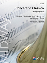 Concertino Classico for Flute and Concert Band. (Grade 4 - Score and Parts). By Philip Sparke (1951-). For Concert Band, Flute. Anglo Music Concert Band. Grade 4. Anglo Music Press #AMP288010. Published by Anglo Music Press.

In 2008, composer Philip Sparke published the latest volume of his instrumental books, Super Solos. Young German flautist Meinhard Drescher was so taken with these solos that his father secretly commissioned the composer to arrange three of the solos (Little Overture, Berceuse and Moto Perpetuo) into a mini-concerto for flute and concert band, which was presented to Meinhard as a 16th birthday present. Concertino Classico is in the standard quick-slow-quick concerto form and can be played by flute, clarinet or alto saxophone. Dur: 7:15 (Grade 4).

Instrumentation:

- FULL SCORE 40 pages

- BB SOLO CLARINET 4 pages - FLUTE/OPT. PICCOLO 3 pages - SOLO FLUTE 4 pages - OBOE 2 pages - BASSOON 4 pages - EB CLARINET 2 pages - BB CLARINET 1 4 pages - BB CLARINET 2 4 pages

- BB CLARINET 3 3 pages - EB ALTO CLARINET 3 pages - BB BASS CLARINET 3 pages - SOLO EB ALTO SAXOPHONE 4 pages - EB ALTO SAXOPHONE 1 3 pages - EB ALTO SAXOPHONE 2 3 pages

- BB TENOR SAXOPHONE 3 pages - EB BARITONE SAXOPHONE 4 pages - BB TRUMPET 1 2 pages - BB TRUMPET 2 3 pages - BB TRUMPET 3 3 pages - F HORN 1 4 pages - F HORN 2 4 pages

- TROMBONE 1 3 pages - TROMBONE 2 3 pages - TROMBONE 3 2 pages - EUPHONIUM 4 pages - BB EUPHONIUM TC 4 pages - TUBA 4 pages - PERCUSSION 1 4 pages - PERCUSSION 2 2 pages

- PERCUSSION 3 2 pages - TIMPANI 2 pages - DOUBLE BASS 4 pages.