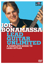 Joe Bonamassa - Lead Guitar Unlimited. (A Complete Guide to Lead Styles). By Joe Bonamassa. For Guitar. Music Sales America. DVD. Hot Licks #HOT203. Published by Hot Licks.

From Stevie Ray, Hendrix, Gatton, Beck, Clapton and B.B. King influences to pick-and-finger style, it's all here! Joe covers octaves in blues, 2-note bending, taking musical chances, overbending, slide guitar in open G tuning, wah-wah techniques, soloing over swing patterns, bounce picking, index finger bends, rock, blues, jazz and country styles and more to help create your own signature sound. Filmed early in his career, Joe was already a master player and teacher, and he gives it all he's got on this remastered DVD. 1 hour, 52 minutes.