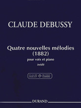 Claude Debussy - 4 Nouvelles Melodies (1882) (Voice and Piano). By Claude Debussy (1862-1918). Edited by Denis Herlin. For Voice, Piano Accompaniment. Editions Durand. Softcover. 40 pages. Editions Durand #DD16013. Published by Editions Durand.

Drawn from the critical edition of the Complete Works of Claude Debussy, Series II, Volume 1. With detailed critical notes.