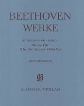 Works for Piano Four-Hands (Beethoven Complete Edition, Abteilung VII, Vol. 1). By Ludwig van Beethoven (1770-1827). Edited by Frank Buchstein and Hans Schmidt. Henle Complete Edition. Softcover. 60 pages. G. Henle #HN4233. Published by G. Henle.

Critical editorial report. German text.