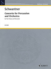 Percussion Concerto No. 1. (Percussion and 2 Pianos, 4 Hands Reduction). By Joseph Schwantner (1943-). For Percussion, 2 Pianos, 4 Hands. Percussion. Solo part available separately (ED30050). Accompaniment part only. 89 pages. Schott Music #ED30051. Published by Schott Music.