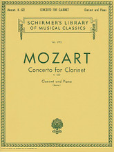 Concerto For Clarinet, K. 622 by Wolfgang Amadeus Mozart (1756-1791). Edited by Eric Simon. For Clarinet, Piano (Clarinet). Woodwind Solo. Classical Period. Difficulty: medium. Set of performance parts (includes separate pull-out clarinet part). Solo part, piano reduction and performance notes. 48 pages. G. Schirmer #LB1792. Published by G. Schirmer.

For clarinet and orchestra (piano reduction).