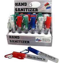 The hand sanitizer is alcohol based & can be used over 100 times. It has a carbiner clip built into the cap for ease of use.