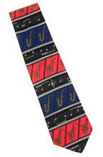 "Ties, Crazy Ties, Saxophone, hand-made. Black background with Multi-colored Saxophone." 