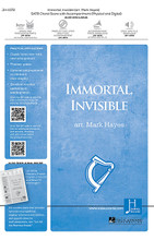 Immortal, Invisible, God Only Wise arranged by Mark Hayes. For Choral (SATB). Fred Bock Publications. 12 pages. Hal Leonard #JH-1072. Published by Hal Leonard.

This triumphant arrangement by Mark Hayes of the classic hymn is a great choice for choirs of all sizes. Present this anthem with organ or piano accompaniment or add the additional brass and percussion for a more robust sound. The children's choir part can even be used as a congregational melody part to involve everyone!

Minimum order 6 copies.