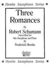 Three (3) Romances. (Woodwind Solos & Ensemble/Alto Saxophone And Piano). By Robert Schumann. Alto Sax. Woodwind Solos & Ensembles - Alto Saxophone. Southern Music. Classical Period. Grade 5. Set of performance parts. 23 pages. Southern Music Company #ST38. Published by Southern Music Company.

Adapted for saxophone by master teacher Frederick Hemke, these three Robert Schumann pieces provide the perfect showcase for the saxophone player.