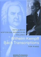 Wilhelm Kempff Bach Transcriptions for Piano by Johann Sebastian Bach (1685-1750). Edited by Wilhelm Kempff. For Piano (Piano). BH Piano. 40 pages. Bote & Bock #M202518755. Published by Bote & Bock.

Choral preludes and famous movements from cantatas and sonatas by Johann Sebastian Bach, in classical arrangements for piano by this great pianist.