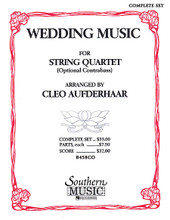 Wedding Music (String Solos & Ensemble/String Quartet). Arranged by Cleo Aufderhaar. For String Quintet (Score). String Solos & Ensembles - String Quartet. Southern Music. Grade 4. Southern Music Company #B458CO. Published by Southern Music Company.

This extraordinary collection of wedding favorites is the perfect solution for wedding planners looking for just the right music for that upcoming wedding ceremony. The arrangements are appropriate for the string quartet of for strong orchestra. The optional contrabass part provides additional flexibility. Selections include: Aria (Handel) * Bridal Chorus (Wagner) * Wedding March (Mendelssohn) * Trumpet Voluntary (Clarke) * Largo from “Winter” (Vivaldi) * Rigaudon (Campra) * Theme from 1st Symphony (Brahms) * March (Mozart) * Trumpet Tune (Purcell) * Canon (Pachelbel) * Jesu Joy of Man's Desiring (Bach) * Allegro from “Winter” (Vivaldi).