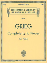 Complete Lyric Pieces (Centennial Edition). (Piano Solo). By Edvard Grieg (1843-1907). For Piano. Piano Collection. Classical Period. SMP Level 8 (Early Advanced). Collection. Standard notation, fingerings and introductory text (does not include words to the songs). 216 pages. G. Schirmer #LB1989. Published by G. Schirmer.

Contents: Album Leaf • Arietta • At Your Feet, Op. 68, No. 3 • Ballad, Op. 65, No. 5 • Bell Ringing, Op. 54, No. 6 • Berceuse • Brooklet, Op. 62, No. 4 • Butterfly, Op. 43, No. 1 • Cradle Song, Op. 68, No. 5 • Elegy, Op. 47, No. 7 • Elves' Dance, Op. 12, No. 4 • Erotik, Op. 43, No. 5 • Evening in Mountains, Op. 68 • French Serenade, Op. 62, No. 3 • From Early Years, Op. 65, No. 1 • Gade, Op. 57, No. 2 • Gone, Op. 71, No. 6 • Grandmother's Minuet, Op. 68, No. 2 • Gratitude, Op. 62, No. 2 • Halling, Op. 71, No. 5 • Halling, Op. 47, No. 4 • Home Sickness, Op. 57, No. 6 • Homeward, Op. 62, No. 6 • Illusion, Op. 57, No. 3 • In My Native Country, Op. 43, No. 3 • Little Bird, Op. 43, No. 4 • March of the Trolls, Op. 54, No. 3 • Melancholy, Op. 47, No. 5 • Melancholy Waltz, Op. 68, No. 6 • Melancholy, Op. 65, No. 3 • Melody, Op. 47, No. 3 • National Song • Norwegian March, Op. 54, No. 2 • Norwegian Melody, Op. 12, No. 6 • Notturno, Op. 54, No. 4 • Once Upon a Time, Op. 71, No. 1 • Peace of Woods, Op. 71, No. 4 • Peasant's Song, Op. 65, No. 2 • Phantom, Op. 62, No. 5 • Popular Melody • Puck, Op. 71, No. 3 • Remembrances, Op. 71, No. 7 • Sailor's Song, Op. 68, No. 1 • Salon, Op. 65, No. 4 • Scherzo, Op. 54, No. 5 • Secret, Op. 57, No. 4 • She Dances, Op. 57, No. 5 • Shepherd's Boy, Op.54, No. 1 • Solitary Traveller, Op. 43, No. 2 • Song of the Watchman • To Spring (An Den Fruhling), Op. 43, No. 6 • Spring Dance • Summer Evening, Op. 71, No. 2 • Sylph, Op. 62, No. 1 • Valse-Impromptu, Op. 47 • Vanished Days, Op. 57, No. 1 • Waltz, Op. 12, No. 2 • Waltz, Op. 38, No. 7 • Wedding Day at Troldhaugen, Op. 65, No. 6.