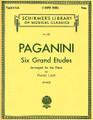 6 Grande Etudes - Paganini/Liszt (Piano Solo). By Nicolo Paganini (1782-1840). Edited by Paolo Gallico and P Gallico. Arranged by Franz Liszt. For Piano. Piano Collection. Classical Period. SMP Level 10 (Advanced). Collection. Fingerings (does not include words to the songs). 54 pages. G. Schirmer #LB835. Published by G. Schirmer.

Contents: Etude No. 1 in G Minor • Etude No. 2 in E Flat • Etude No. 3 (La Campanella) • Etude No. 4 in E • Etude No. 5 (La Chasse) • Etude No. 6 in A Minor.

About SMP Level 10 (Advanced) 

Very advanced level, very difficult note reading, frequent time signature changes, virtuosic level technical facility needed.